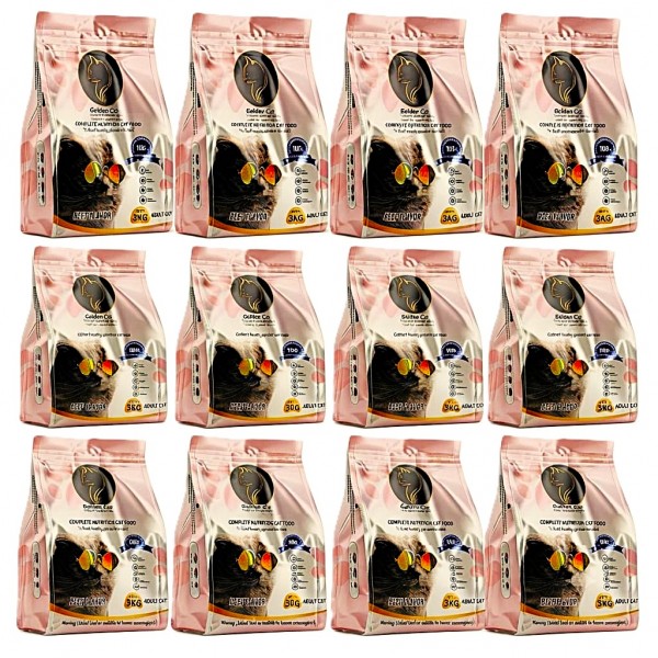 Adult Cat Dry Food 36kg – Golden Cat Beef Flavoured, 12 x 3kg Pack, 29% High Protein, Complete Balanced Nutrition with Taurine, Vitamins & Minerals, 3 Boxes