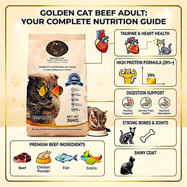 Adult Cat Dry Food 36kg – Golden Cat Beef Flavoured, 12 x 3kg Pack, 29% High Protein, Complete Balanced Nutrition with Taurine, Vitamins & Minerals, 3 Boxes Adult Cat Dry Food 36kg – Golden Cat Beef Flavoured, 12 x 3kg Pack, 29% High Protein, Complete Balanced Nutrition with Taurine, Vitamins & Minerals, 3 Boxes