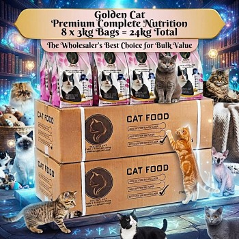 GOLDEN CAT 24 KG Cat Dry Food | 3kg x 8 Bags 2 Cartons | Chicken Fish Egg & Milk Flavor | 32% High Protein Complete Cat Nutrition for Kittens Adult & Mother Cats