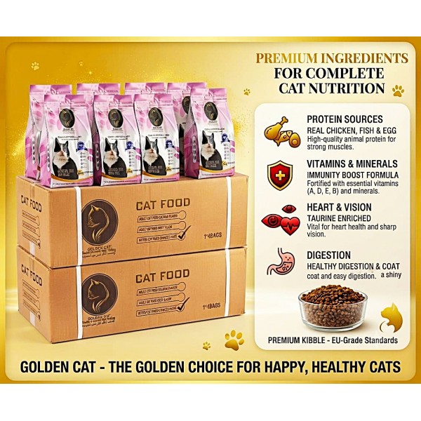 GOLDEN CAT 24 KG Cat Dry Food | 3kg x 8 Bags 2 Cartons | Chicken Fish Egg & Milk Flavor | 32% High Protein Complete Cat Nutrition for Kittens Adult & Mother Cats