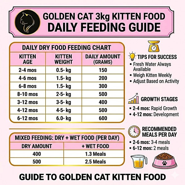 GOLDEN CAT 24 KG Cat Dry Food | 3kg x 8 Bags 2 Cartons | Chicken Fish Egg & Milk Flavor | 32% High Protein Complete Cat Nutrition for Kittens Adult & Mother Cats