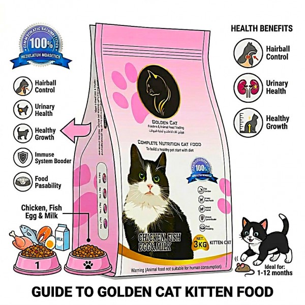GOLDEN CAT 24 KG Cat Dry Food | 3kg x 8 Bags 2 Cartons | Chicken Fish Egg & Milk Flavor | 32% High Protein Complete Cat Nutrition for Kittens Adult & Mother Cats
