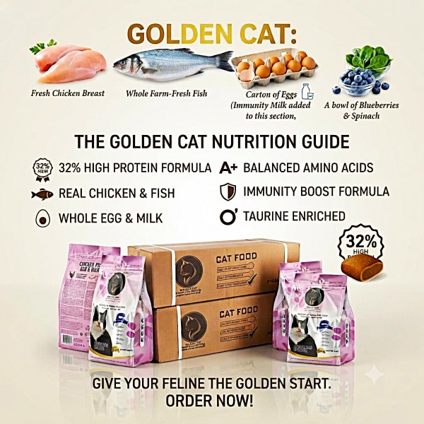 GOLDEN CAT 36 KG Cat Dry Food | Chicken Fish Egg and Milk Flavor | 3 KG x 12 Bags | 3 Cartons | 32% High Protein Complete Cat Food for Kittens Adult and Mother Cats