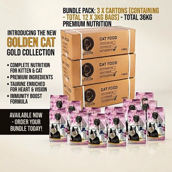 GOLDEN CAT 36 KG Cat Dry Food | Chicken Fish Egg and Milk Flavor | 3 KG x 12 Bags | 3 Cartons | 32% High Protein Complete Cat Food for Kittens Adult and Mother Cats