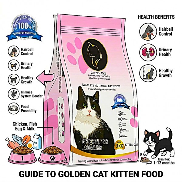 GOLDEN CAT 36 KG Cat Dry Food | Chicken Fish Egg and Milk Flavor | 3 KG x 12 Bags | 3 Cartons | 32% High Protein Complete Cat Food for Kittens Adult and Mother Cats