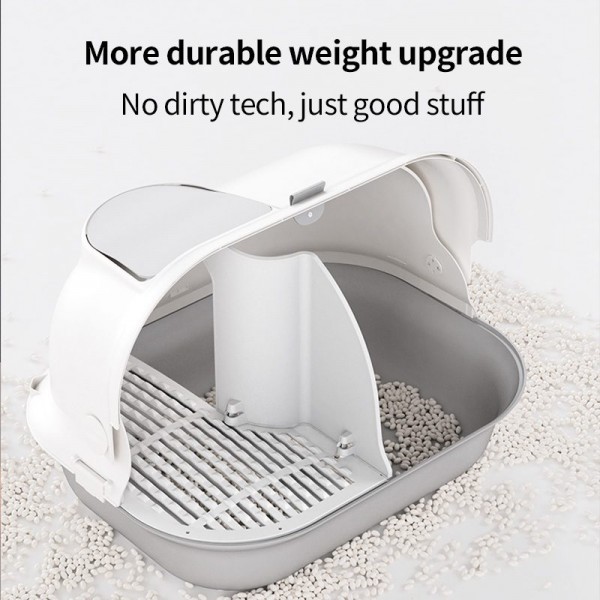 Pakeway Shell Flip-Top Cat Litter Box – Anti-Tracking Enclosed Cat Toilet with Corridor Design, Spacious Durable Pet Litter Tray, Gray & White, 59.4 × 39.5 × 46.4 cm