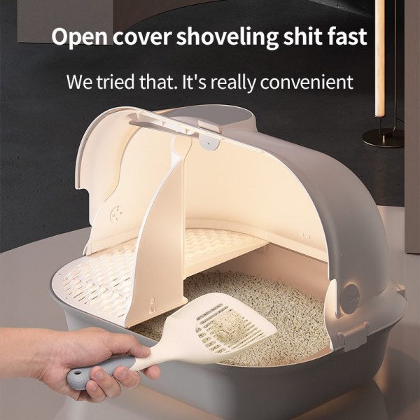 Pakeway Shell Flip-Top Cat Litter Box – Anti-Tracking Enclosed Cat Toilet with Corridor Design, Spacious Durable Pet Litter Tray, Gray & White, 59.4 × 39.5 × 46.4 cm