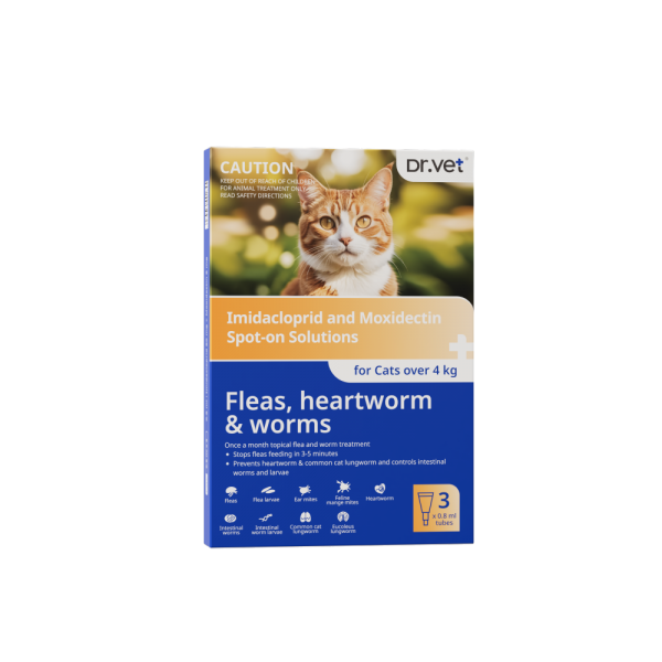 DR. VET Imidacloprid and Moxidectin Spot-On Solution For Cats Over 4 kg 3 Tubes per Box DR. VET Imidacloprid and Moxidectin Spot-On Solution For Cats Over 4 kg 3 Tubes per Box