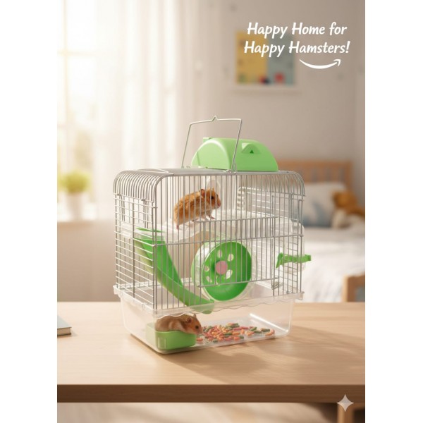 Pets Club Two-Floor Hamster Cage 27x21x33 cm – Multi-Level Small Rodent Habitat with Running Wheel, Water Bottle, Food Feeder, Bedroom & Play Platforms