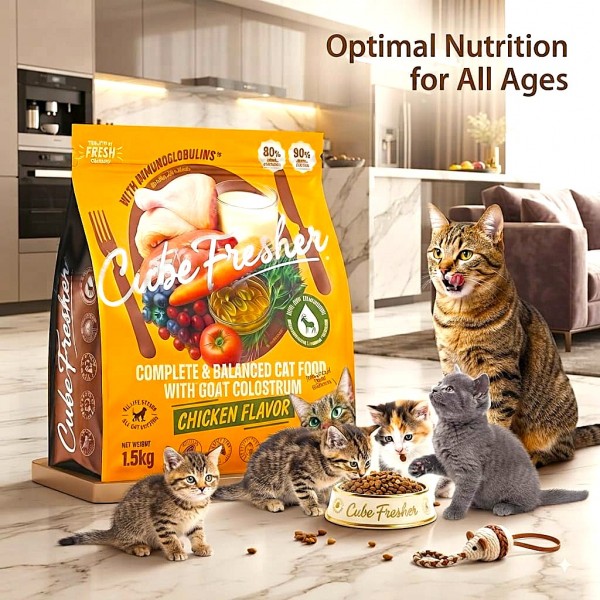 Cube Fresher Complete & Balanced Cat Food with Goat Colostrum Chicken Flavor 1.5kg | High Protein Dry Kibble for Kittens & Adult Cats | Supports Digestion Immune Health Skin & Coat