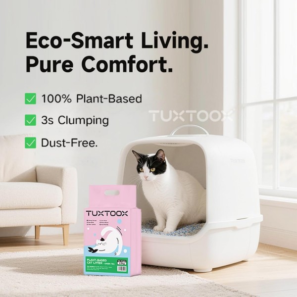 TUXTOOX Plant Based Cat Litter 2.5kg Green Tea Tofu Cat Litter Strong Clumping Non Stick High Absorbency Odor Control 99% Dust Free Biodegradable Eco Friendly Flushable Cat Litter