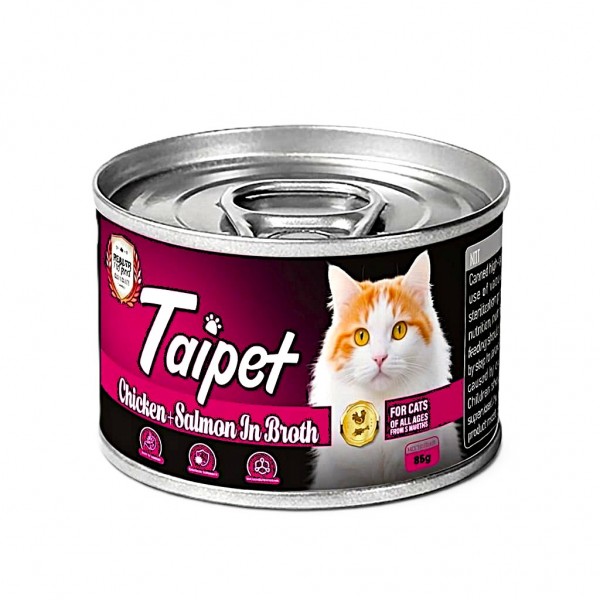 Taipet Cat Wet Food Chicken & Salmon in Broth 85g – Premium High Protein Complete & Balanced Nutrition Wet Cat Food for Kittens & Adult Cats – Natural Ingredients with Taurine & Vitamins A B2 E – Hydrating Soft Meal for Cats 3 Months+