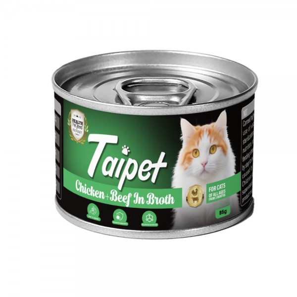 Taipet Cat Canned Wet Food Chicken & Beef in Broth 85g | High-Protein Healthy Wet Food with Taurine & Vitamins | Easy to Digest | For Cats of All Ages 3+ Months