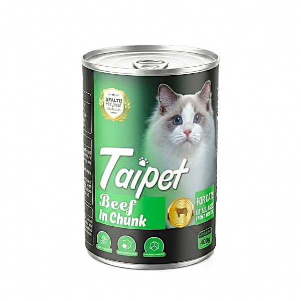 Taipet Beef in Chunk Cat Food 400g (12 Cans Box) – Premium Wet Cat Food for All Life Stages with Real Beef, Chicken & Beef Liver, Enriched with Taurine, Vitamins A, D3 & E, No Artificial Preservatives, High Protein Complete Nutrition for Cats