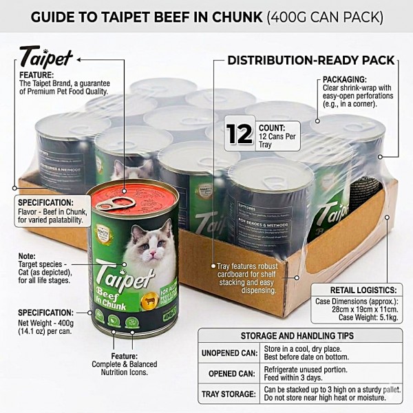Taipet Beef in Chunk Cat Food 400g (12 Cans Box) – Premium Wet Cat Food for All Life Stages with Real Beef, Chicken & Beef Liver, Enriched with Taurine, Vitamins A, D3 & E, No Artificial Preservatives, High Protein Complete Nutrition for Cats