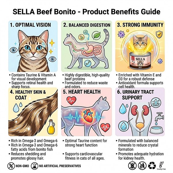 SELLA Premium Wet Cat Food Chunks in Gravy, Beef Flavour, Adult Cats, with Taurine and Vitamins A, D3 & E, 400g x 12 Cans, Made in Turkey