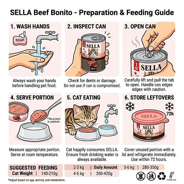 SELLA Premium Wet Cat Food Chunks in Gravy, Beef Flavour, Adult Cats, with Taurine and Vitamins A, D3 & E, 400g x 12 Cans, Made in Turkey