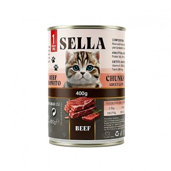 SELLA Premium Wet Cat Food Chunks in Gravy, Beef Flavour for Adult Cats, with Taurine and Vitamins A, D3 & E, 400g Single Can, Made in Turkey