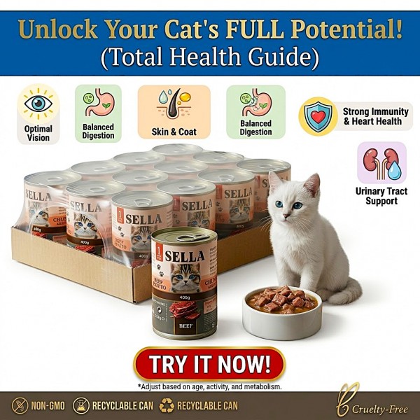 SELLA Premium Wet Cat Food Chunks in Gravy, Beef Flavour, Adult Cats, with Taurine and Vitamins A, D3 & E, 400g x 12 Cans, Made in Turkey SELLA Premium Wet Cat Food Chunks in Gravy, Beef Flavour, Adult Cats, with Taurine and Vitamins A, D3 & E, 400g x 12 Cans, Made in Turkey