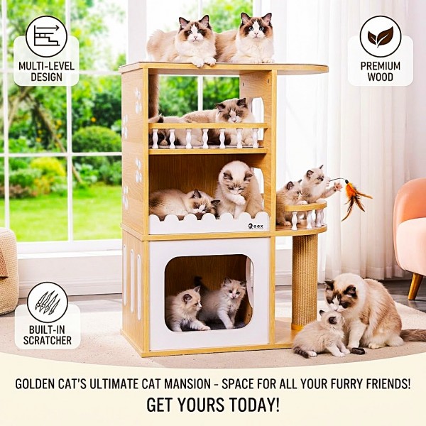 Golden Cat Wooden Multi-Level Cat House 70x35x88cm, Indoor Cat Condo with Multiple Ladders, 17mm Thick Solid Wood Composite Board, Water-Resistant Scratch-Resistant Cat Furniture for Kittens and Small Cats, Model 27.WWCT27