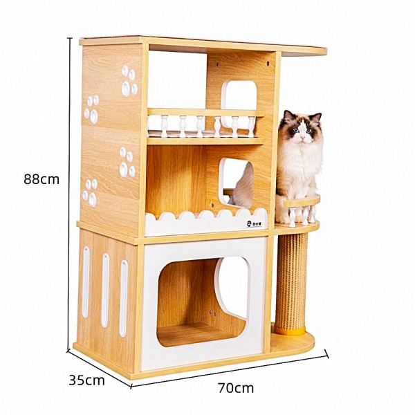 Golden Cat Wooden Multi-Level Cat House 70x35x88cm, Indoor Cat Condo with Multiple Ladders, 17mm Thick Solid Wood Composite Board, Water-Resistant Scratch-Resistant Cat Furniture for Kittens and Small Cats, Model 27.WWCT27