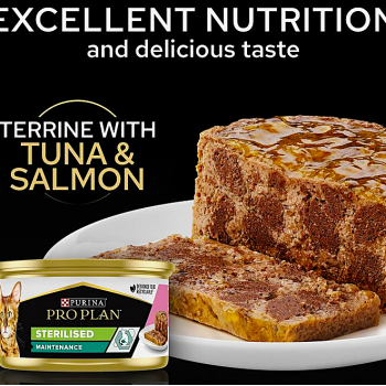 Purina PRO PLAN Sterilised Maintenance Wet Cat Food Salmon & Tuna Terrine 24 x 85g | Complete Balanced Nutrition for Adult Neutered Cats | High Digestibility, Urinary Health Support