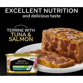 Purina PRO PLAN Sterilised Maintenance Wet Cat Food Salmon & Tuna Terrine 24 x 85g | Complete Balanced Nutrition for Adult Neutered Cats | High Digestibility, Urinary Health Support