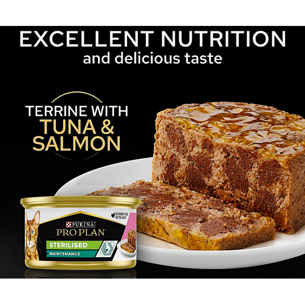 Purina PRO PLAN Sterilised Maintenance Wet Cat Food Salmon & Tuna Terrine 24 x 85g | Complete Balanced Nutrition for Adult Neutered Cats | High Digestibility, Urinary Health Support