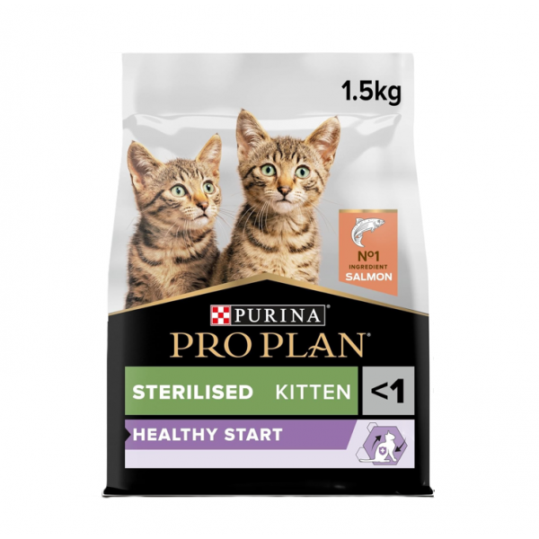 Purina Pro Plan Sterilised Kitten Healthy Start Dry Cat Food – Salmon, 1.5 kg – Colostrum for Immune Support, Urinary Health & Healthy Growth – No Added Colourants or Flavourings