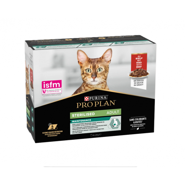 Purina Pro Plan Sterilised Wet Cat Food, Beef in Gravy, 10 x 85g – Complete Nutrition for Adult Sterilised Cats, Supports Urinary Health & Weight Management
