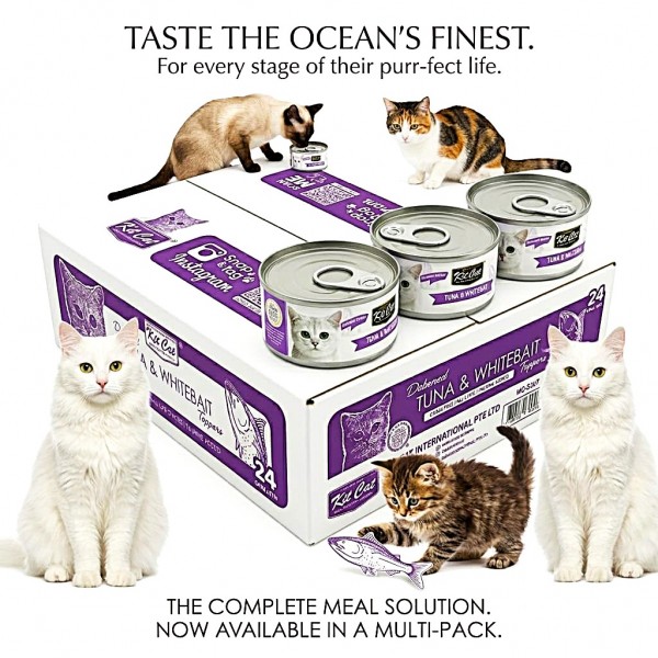 Kit Cat Deboned Tuna & Whitebait Toppers 80g (24 x 80g Box) Grain Free Wet Cat Food | Hairball Control | Urinary Tract Health Support | Omega 3 & 6 | No Pork No Lard | Taurine Added | All Life Stages