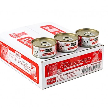 Kit Cat Chicken & Crabstick 80g Wet Cat Food (24 Cans) – Grain Free, Hairball Control, Omega 3 & 6, Taurine Added, Supports Urinary Tract & Kidney Health, No Pork, No Lard, No Artificial Preservatives