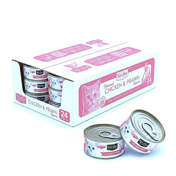 Kit Cat Chicken & Prawn Wet Cat Food 80g (24 x 80g Box) Grain Free Deboned Toppers | Hairball Control | Taurine Added | Omega 3 & 6 | Urinary Tract & Kidney Health Support | No Pork No Lard | All Life Stages Cats