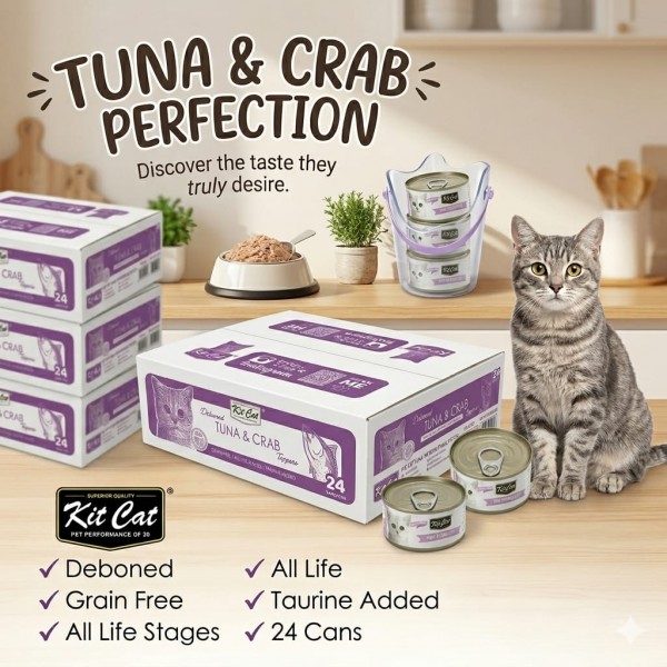 Kit Cat Tuna & Crabstick Grain-Free Wet Cat Food 80g (24 x 80g Box) – Hairball Control, Urinary Tract Health Support, Omega 3 & 6 Rich, No Artificial Preservatives, Complete Complementary Cat Food