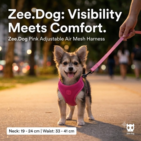 Zee.Dog Pink Adjustable Air Mesh Dog Harness Extra Small – Lightweight Breathable Soft Chest Harness with 4-Point Locking Buckle, Secure D-Ring Leash Attachment (Neck 19–24 cm, Waist 33–41 cm)