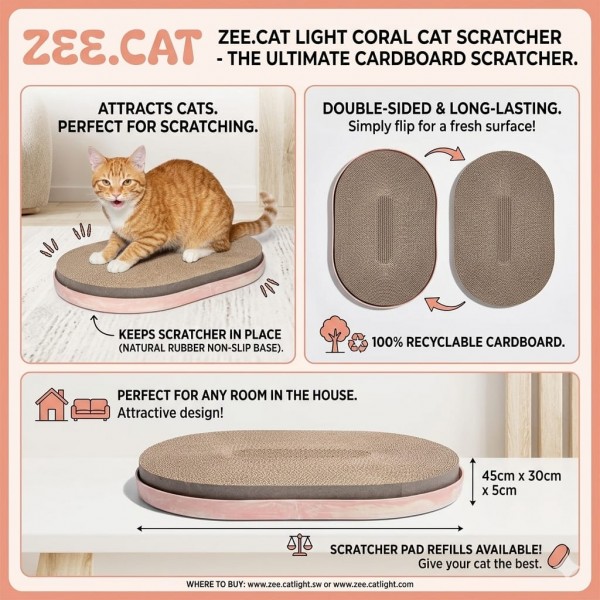 Zee.Cat Light Coral Cat Scratcher – Double-Sided Recyclable Cardboard Pad with Natural Rubber Non-Slip Base (45cm x 30cm x 5cm)