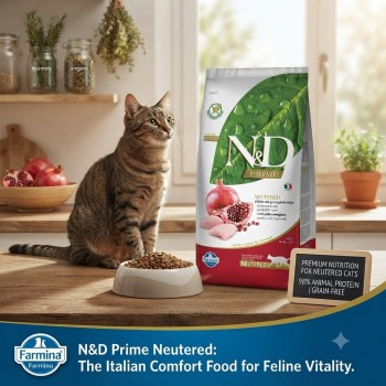 Farmina N&D Prime Grain Free Chicken & Pomegranate Neutered Dry Cat Food 5 Kg | Premium Adult Sterilized Cat Food | High Protein Formula | Weight Management | Urinary Tract Support | Taurine | Omega 3 & 6 | Made in Italy
