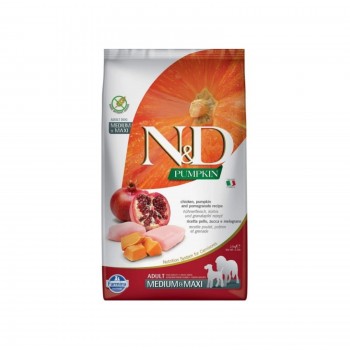 Farmina N&D Pumpkin Chicken and Pomegranate Adult Medium & Maxi Breed Dry Dog Food 2.5 kg | Grain Free Formula with 96% Animal Protein | Low Glycemic Diet with Pumpkin, Omega Fatty Acids and Digestive Support