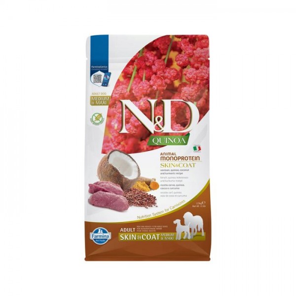 Farmina N&D Quinoa Skin & Coat Venison Medium & Maxi Adult Dog Dry Food 2.5 Kg, Grain Free, Single Novel Protein, Venison, Quinoa, Coconut & Turmeric Recipe, Skin & Coat Support for Food Sensitivities