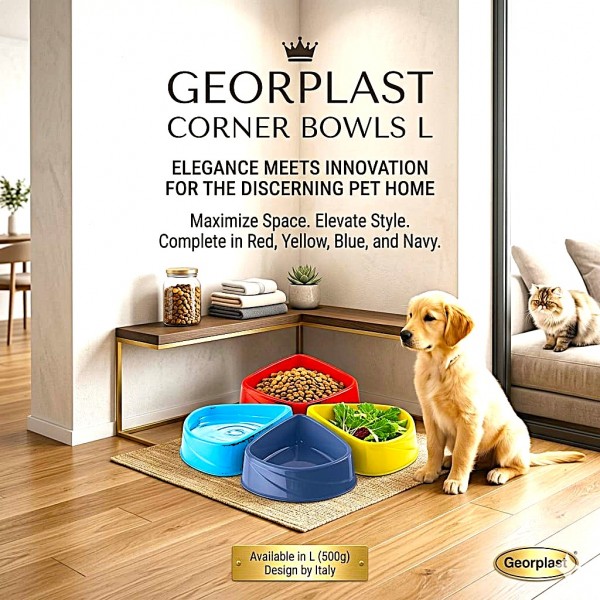 Georplast Corner Pet Bowl L Red – Space-Saving Triangular Cat & Dog Feeding Dish (24×18.5×9 cm, 700g Capacity) Durable Plastic Corner Food & Water Bowl for Small & Medium Pets