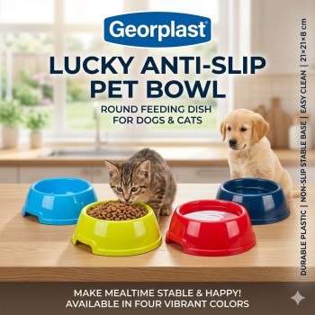 Georplast Lucky Anti-Slip Pet Bowl M Round Feeding Dish for Dogs & Cats Durable Plastic Food & Water Bowl 21×21×8 cm Non-Slip Stable Base Easy Clean Pet Feeder – Blue Color