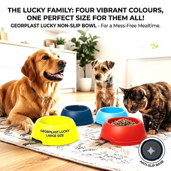 Georplast Lucky Antislip Round Plastic Pet Bowl for Dogs & Cats – Durable BPA-Free Feeding Dish with Non-Slip Base – Red, 25 x 25 x 9.5 cm