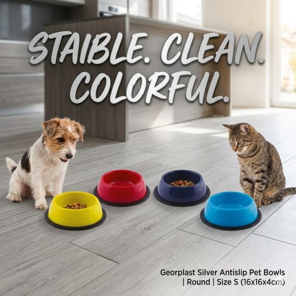 Georplast Silver Anti-Slip Plastic Pet Bowl Navy Blue Size S (16x16x4cm) – Round Non-Skid Feeding Bowl for Cats and Small Dogs – Durable Lightweight Pet Food & Water Dish