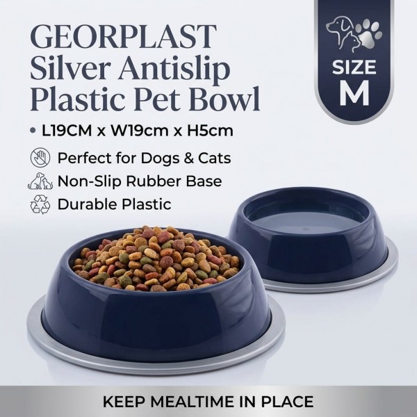 Georplast Navy Blue Antislip Plastic Pet Bowl M Round for Dogs & Cats – Durable Non-Slip Feeding Bowl 19cm x 19cm x 5cm Medium Size Food & Water Dish – Easy Clean Lightweight Stable Pet Feeding Bowl for Daily Use