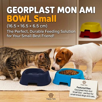 Georplast Mon Ami Plastic Pet Bowl S (16.5 × 16.5 × 6.5 cm) – Durable Square Feeding Bowl for Dogs and Cats, Easy-Clean Lightweight Plastic Pet Bowl – Navy Blue Color
