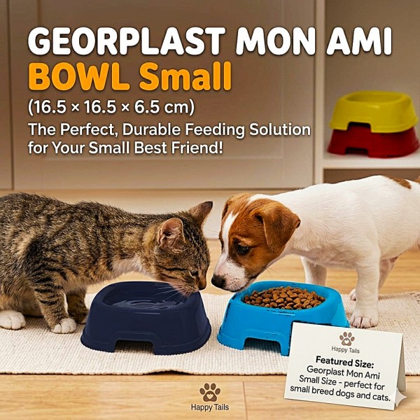 Georplast Mon Ami Plastic Pet Bowl S (16.5 × 16.5 × 6.5 cm) – Durable Square Feeding Bowl for Dogs and Cats, Easy-Clean Lightweight Plastic Pet Bowl – Navy Blue Color