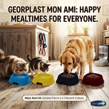 Georplast Mon Ami Plastic Pet Bowl M (22 × 22 × 7.5 cm) – Durable Square Pet Feeding Bowl for Dogs & Cats – Lime Green Color Non-Slip Food & Water Dish – Strong Easy-Clean Plastic Bowl