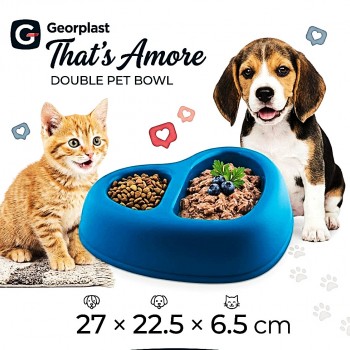 Georplast That’s Amore Double Pet Bowl for Dogs & Cats – Heart-Shaped Dual Food & Water Dish – Non-Slip Durable Plastic Feeder – Blue, 27 x 22.5 x 6.5 cm