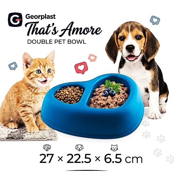 Georplast That’s Amore Double Pet Bowl for Dogs & Cats – Heart-Shaped Dual Food & Water Feeder – Non-Slip Durable Plastic Feeding Dish – Magenta – 27 x 22.5 x 6.5 cm