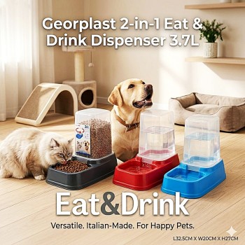 Georplast Eat & Drink Dispenser 3.7L – Navy Blue 2 in 1 Pet Food & Water Dispenser for Cats and Dogs, Durable Italian Made Gravity Feeder, Transparent Storage Tank, Size 32.5 x 20 x 27 cm